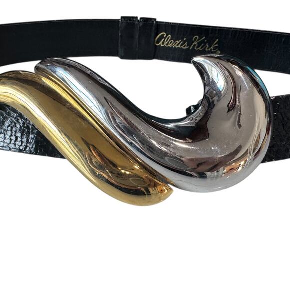 Vtg Alexis Kirk Belt Wave Buckle Gold Silver Black Snake Leather Sculptural 80s main image 11